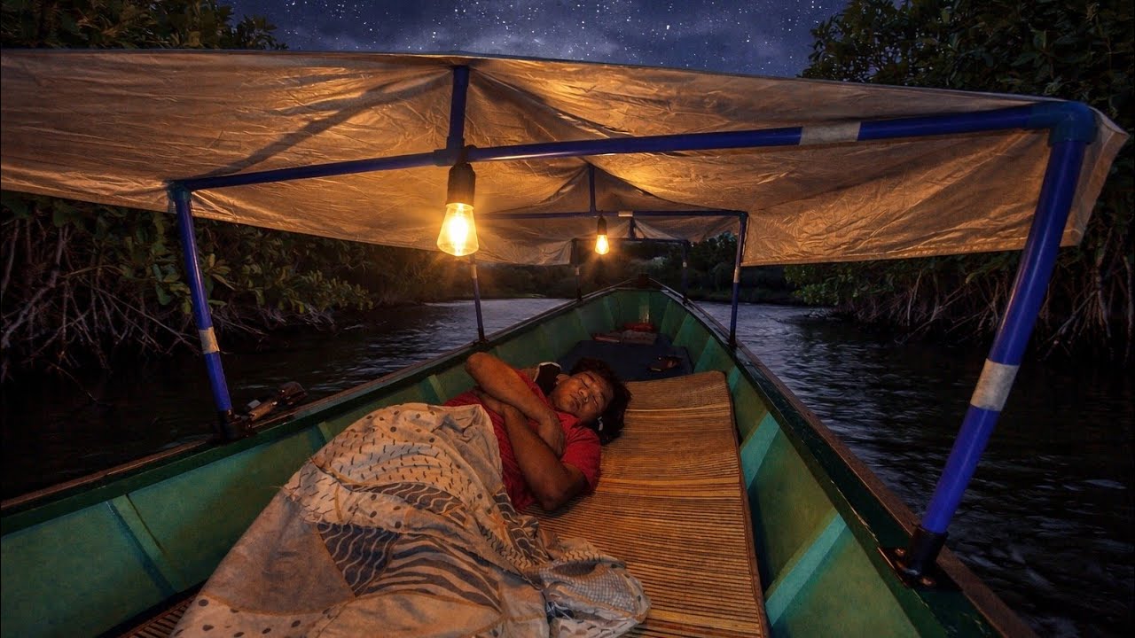 A COZY NIGHT OF CAMPING AND FISHING ON A LUXURY RIVER BOAT BY THE RIVER