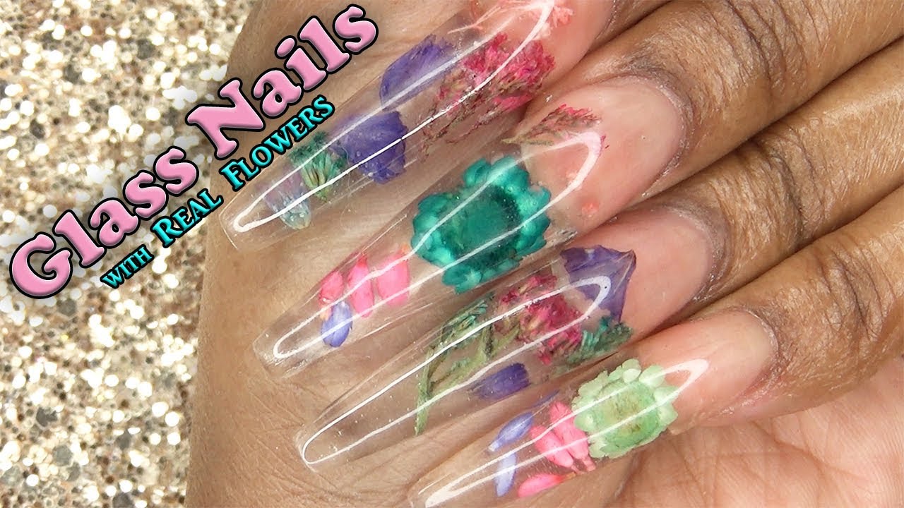 Acrylic Nails Tutorial - How To Encapsulated Nails - Clear Glass Nails - Flowers - with Nail Forms