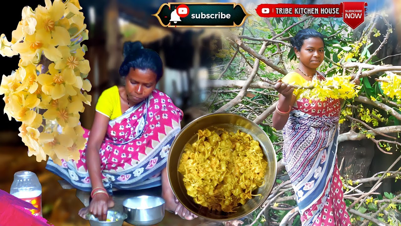 Tribal mother cocking rai flower curry and eating with rice.