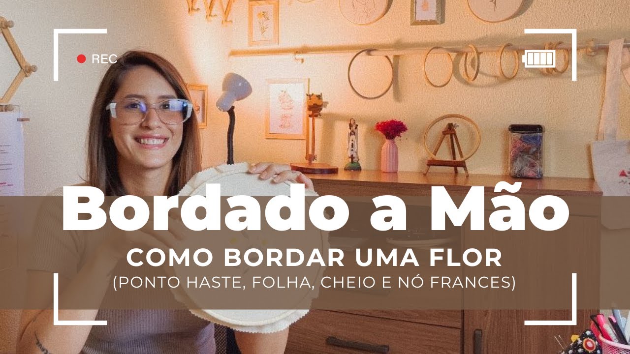 Como fazer FLOR BORDADA Completa. (Ponto Haste, Folha, Cheio e Nó Francês )
