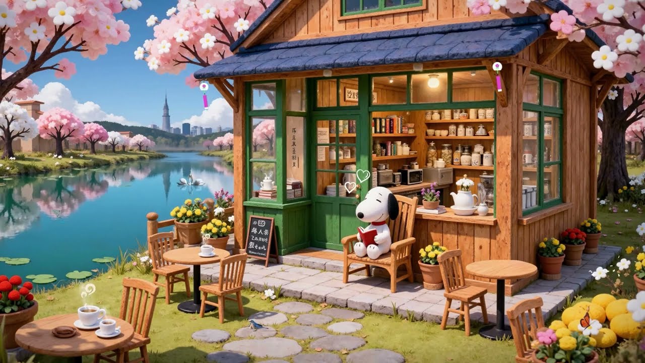 🌸 Snoopy’s Lakeside Spring Coffee Moments ☕ Aesthetic Lofi Hip Hop to Heal & Relax