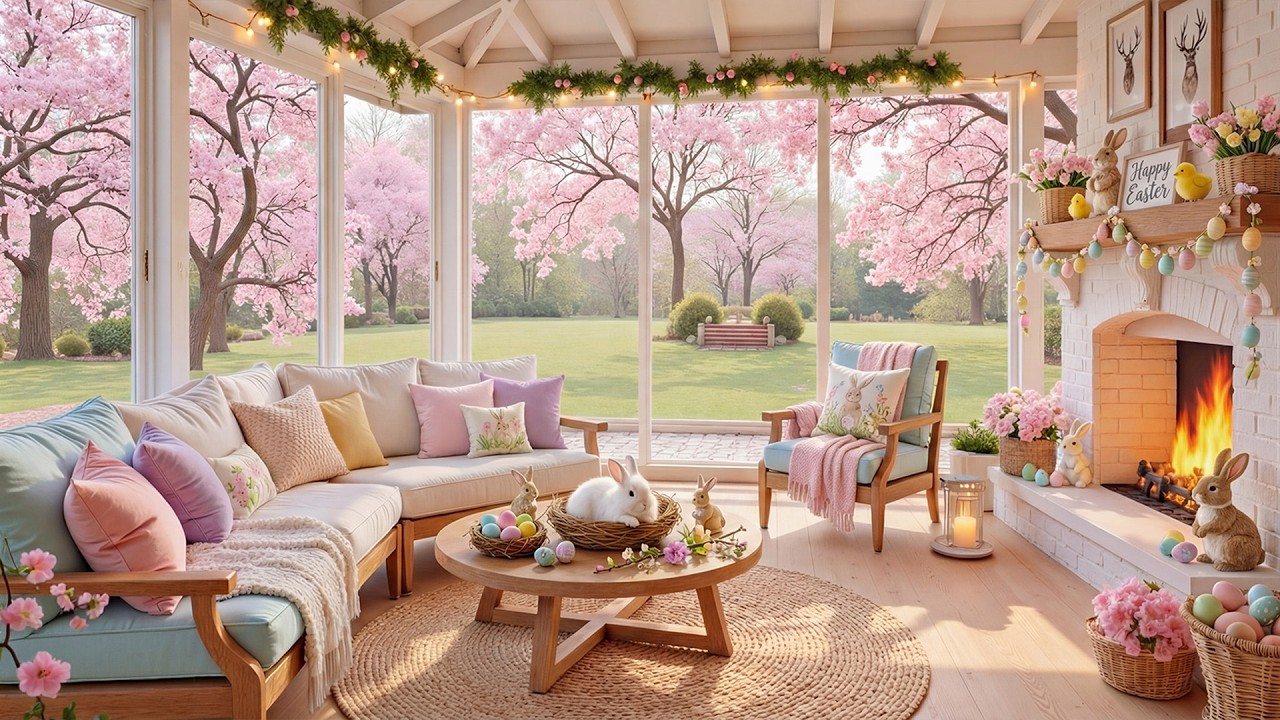 Happy Easter Ambience 🐰 Cozy Spring Ambience, Soothing Piano Music and Fireplace Sounds for Relax