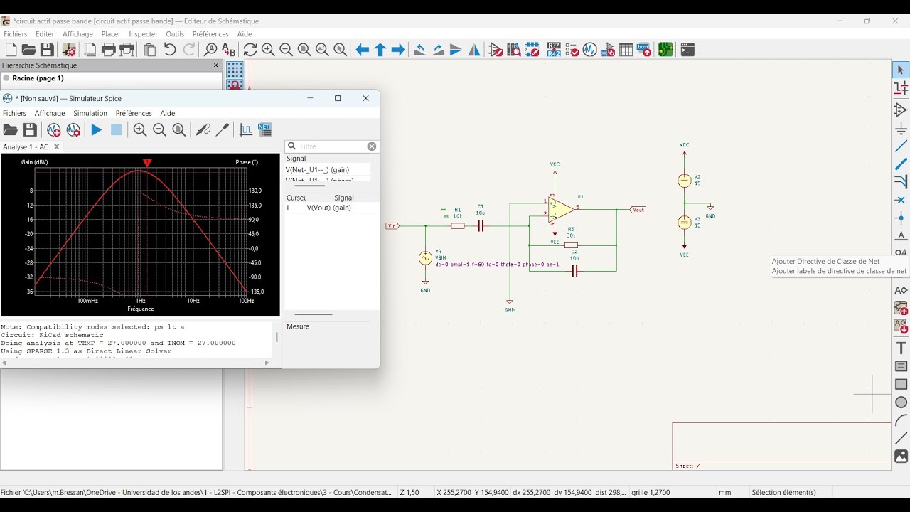 Simulation SPICE d’un filtre actif passe-bande en transitoire et en fréquence - KiCad 8.0