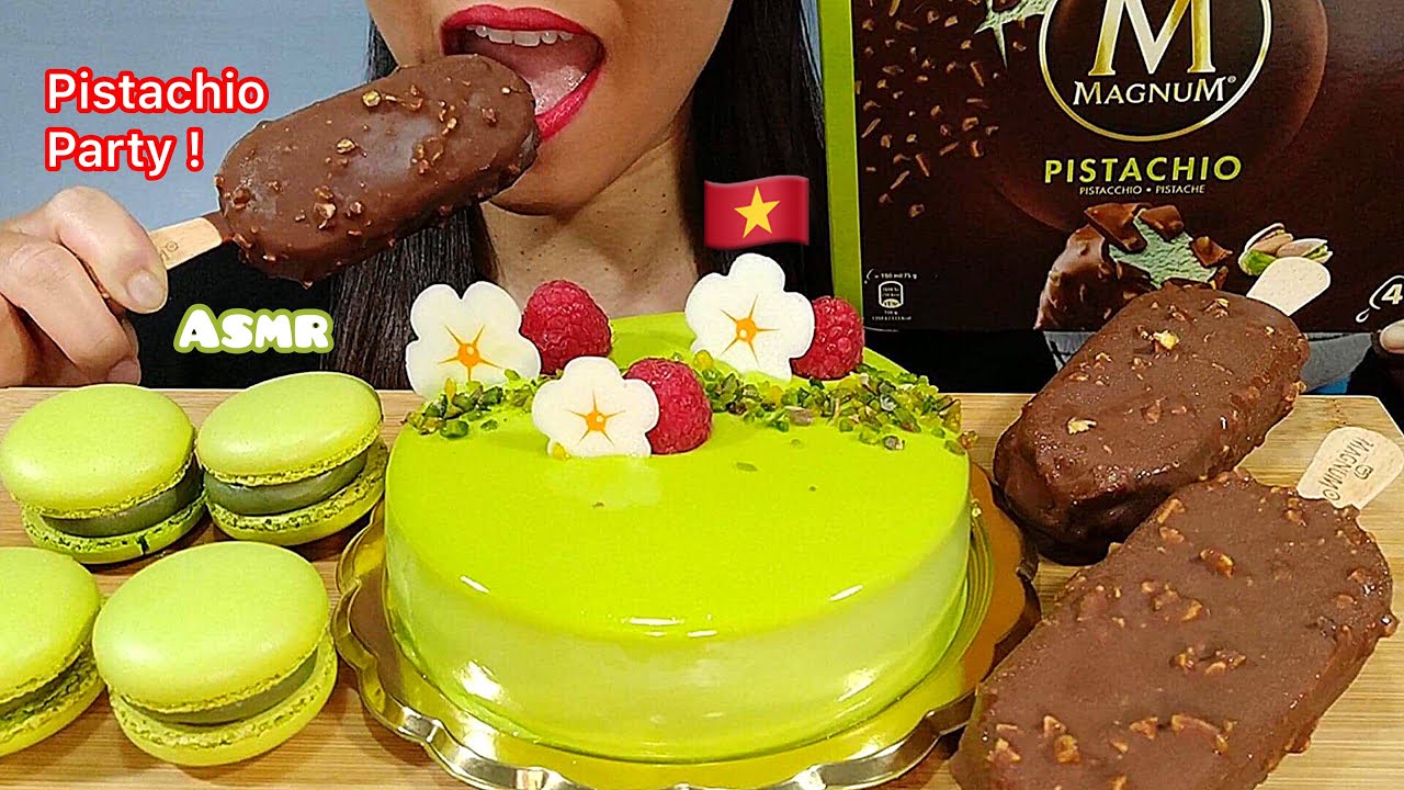 ASMR EATING PISTACHIO PARTY (MOUSSE CAKE, MAGNUM ICE CREAM BARS & MACARONS) 먹방 Real Sounds