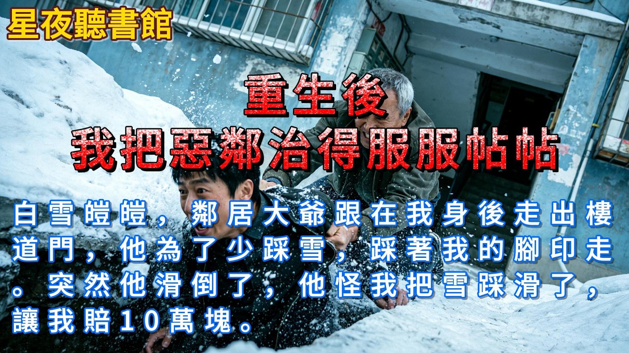 《重生後，我把惡鄰治得服服帖帖》白雪皚皚，鄰居大爺跟在我身後走出樓道門，他為了少踩雪，踩著我的腳印走。突然他滑倒了，他怪我把雪踩滑了，讓我賠10萬塊。#一口氣看完 #重生 #有聲書 #有聲小說