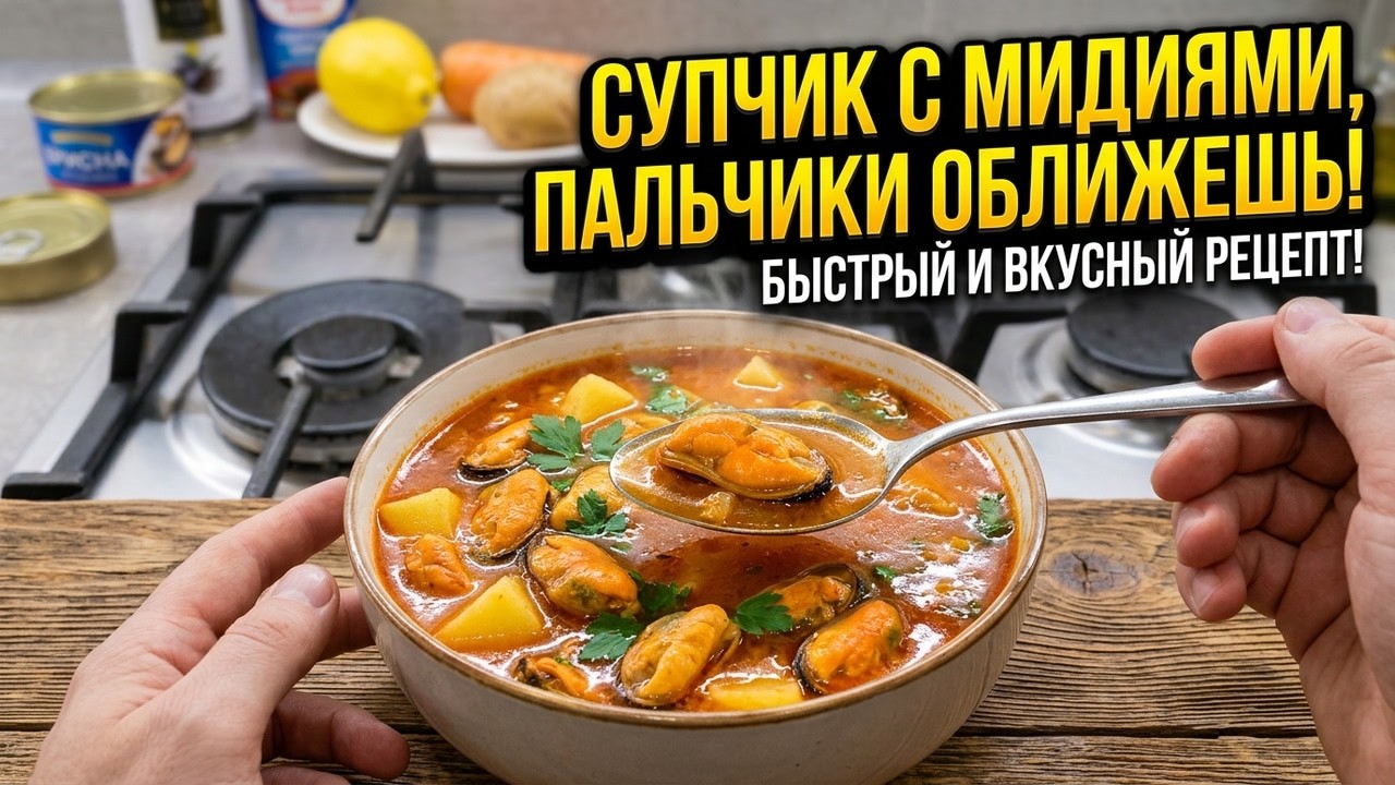 Суп с мидиями! Быстрый и вкусный рецепт! #еда #вкусно #рецепт