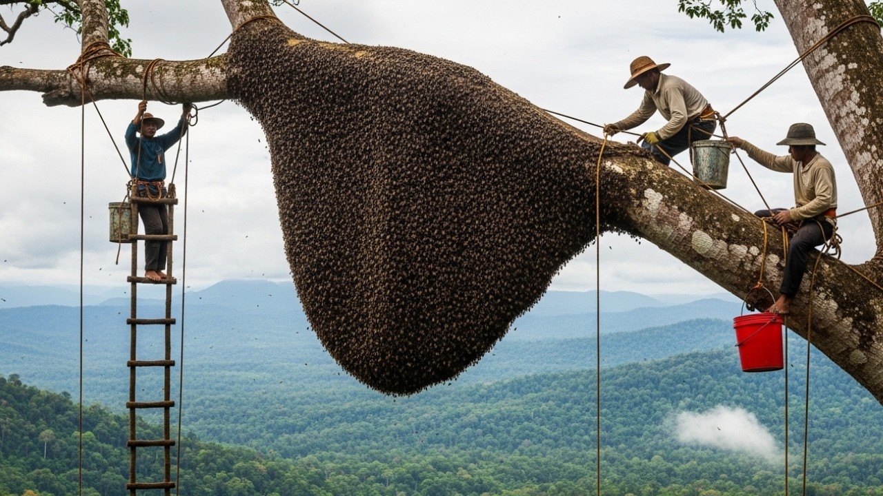 Extreme Wild Honey Harvest on a 800-Meter Tree