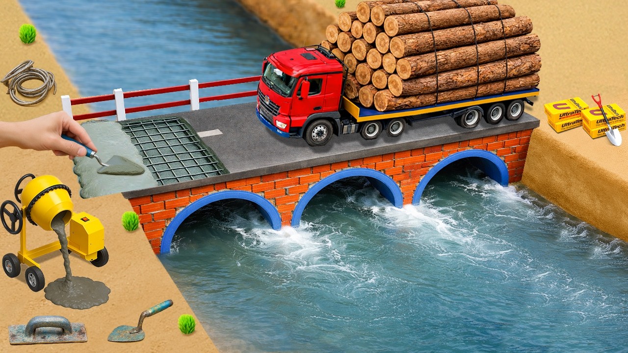 DIY Mini Tractor builds a load-bearing bridge with three floodgates after a landslide