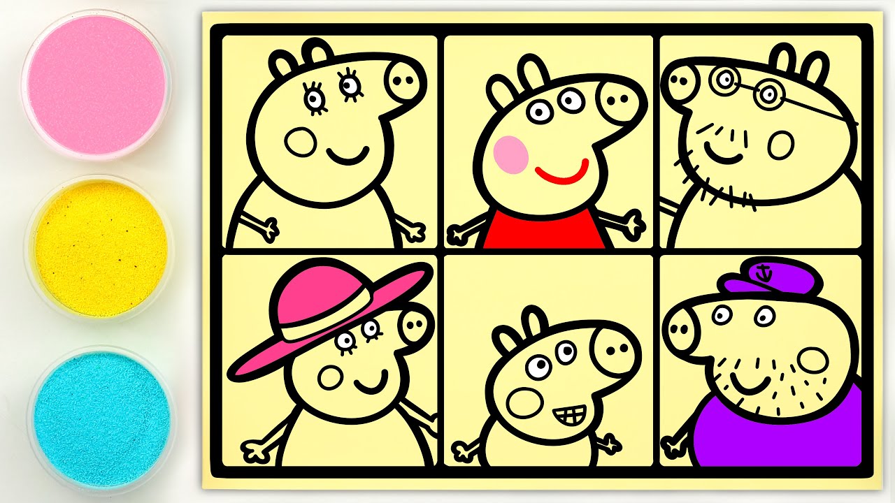 Sand painting and drawing Peppa Pig and her family in a fun video collection for Kids