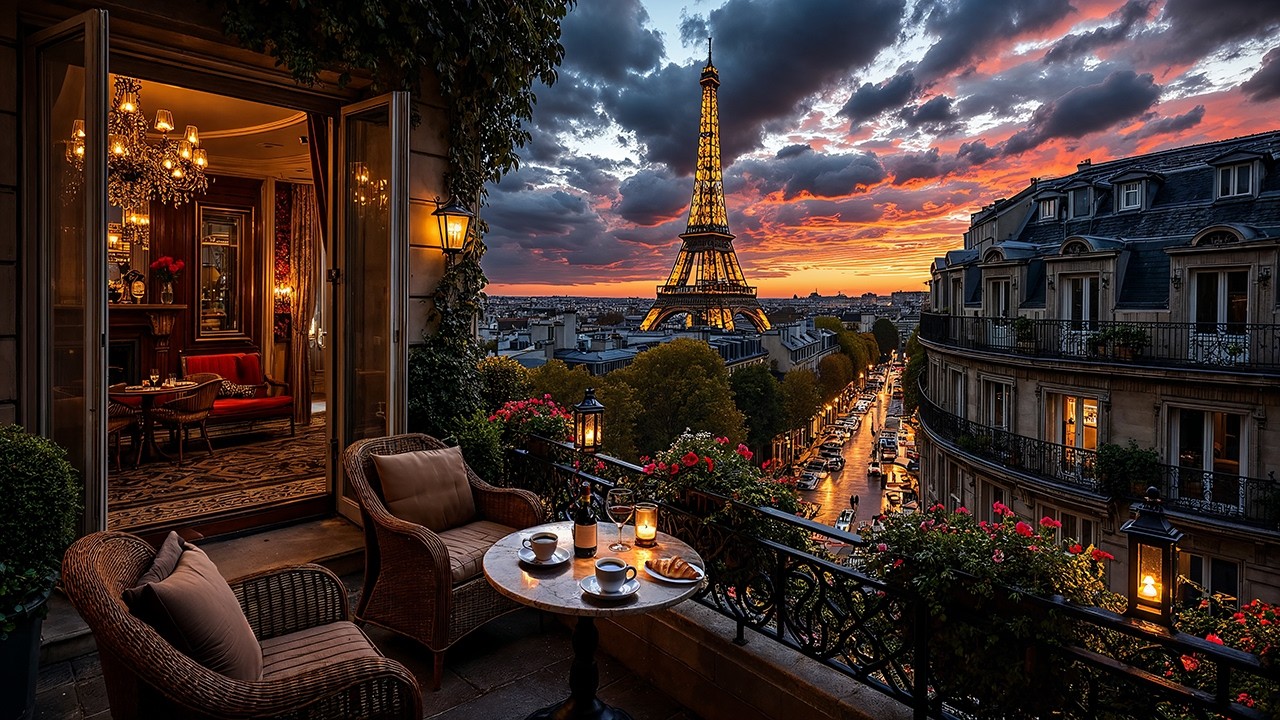 Relaxing Jazz at a Paris Balcony ☕ Eiffel Tower Sunset & Cozy Café Jazz Ambience for Focus, Work
