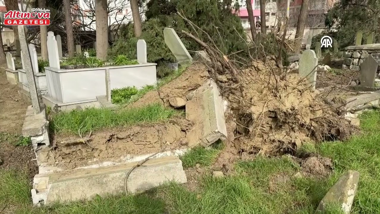 Alaçam'da fırtına mezarlıkta hasara neden oldu