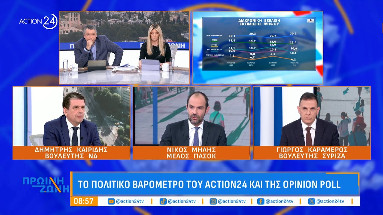 Πολιτική κόντρα Δ. Καιρίδη, Ν. Μήλη, Γ. Καραμέρου με φόντο τη δημοσκόπηση του ACTION 24
