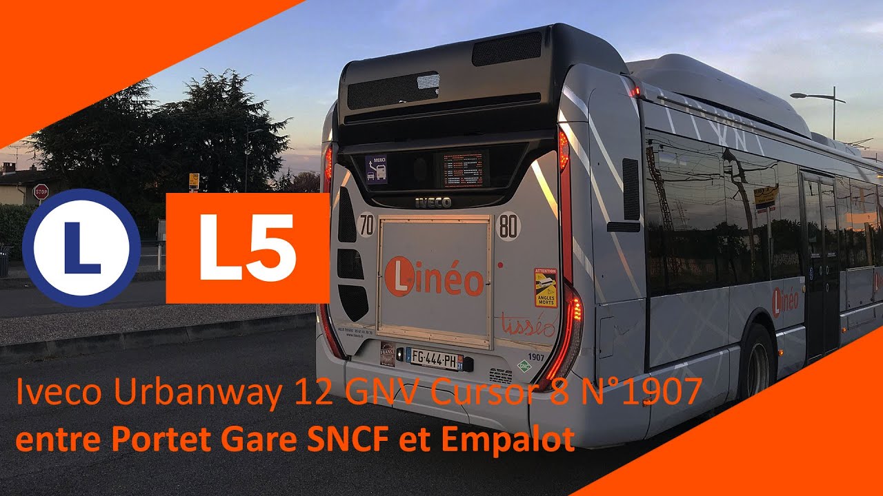 Tisséo - Ligne L5 Iveco Urbanway 12 GNV Cursor 8 N°1907 entre Portet Gare SNCF et Empalot
