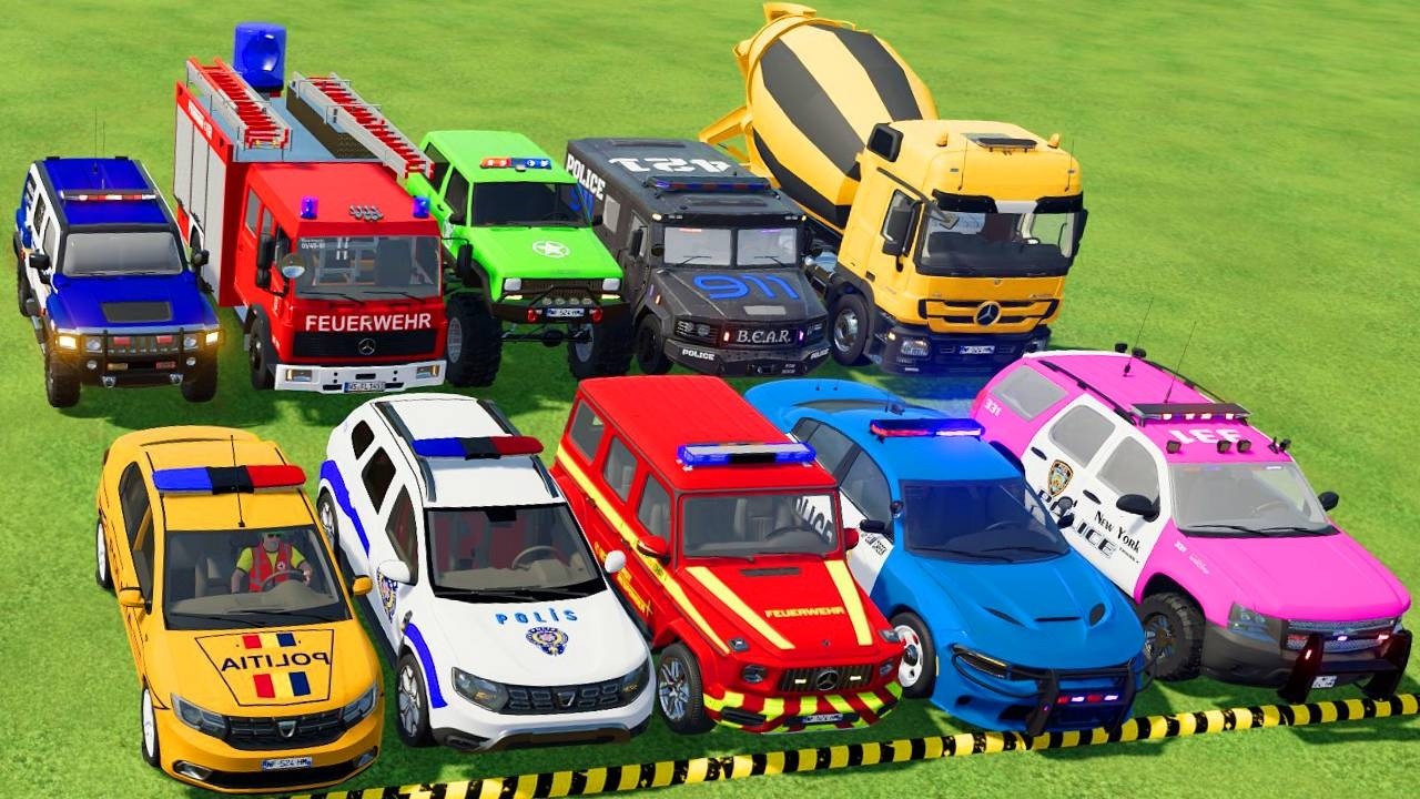 TRANSPORTING POLICE CARS, AMBULANCE, FIRE TRUCK, COLORFUL CARS WITH  TRUCK -FARMING SIMULATOR 22!