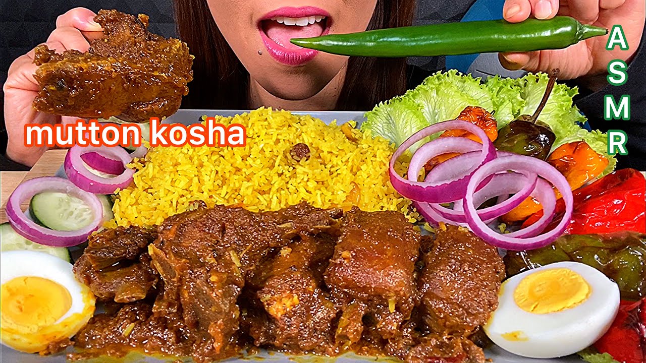 EATING SPICY MUTTON KOSHA, PULAO RICE, EGGS, HOT CHILLI & GRILLED PEPPERS ASMR Sounds
