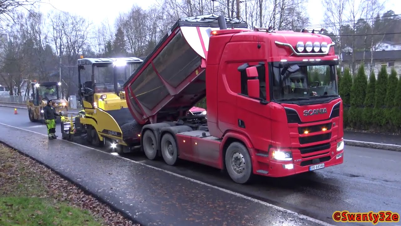 4K| Asphalt Paving With Sumitomo HA60W Paver, CAT CD44B Roller & Scania Next Gen Trucks