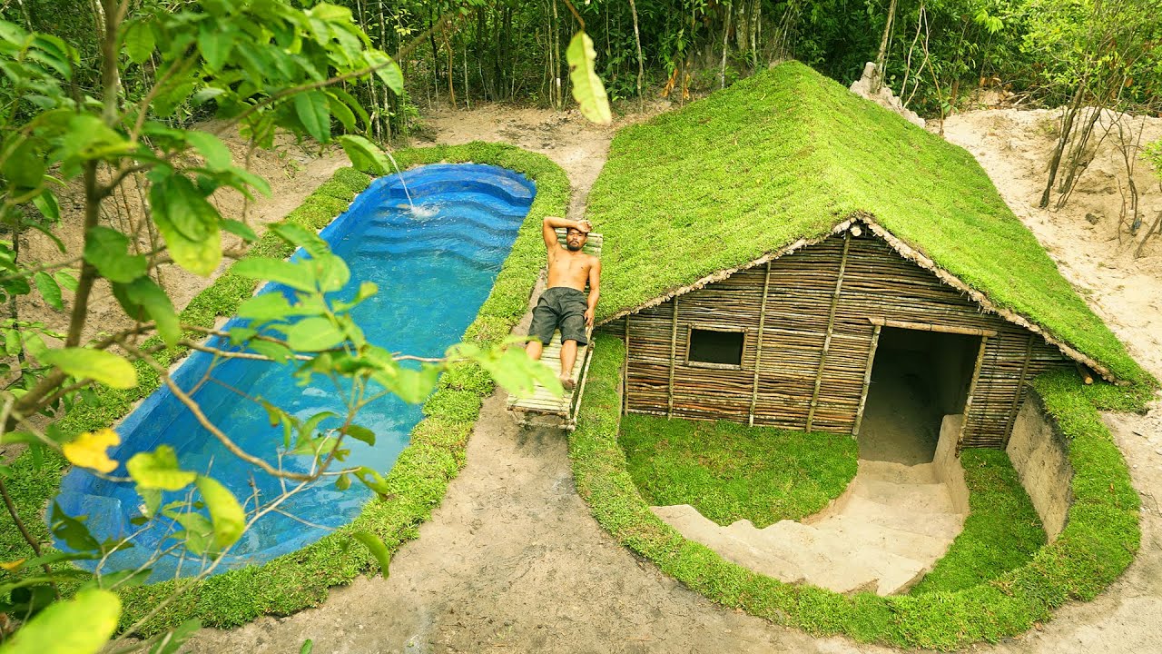 Buildings Underground Green House and Blue Swimming Pool