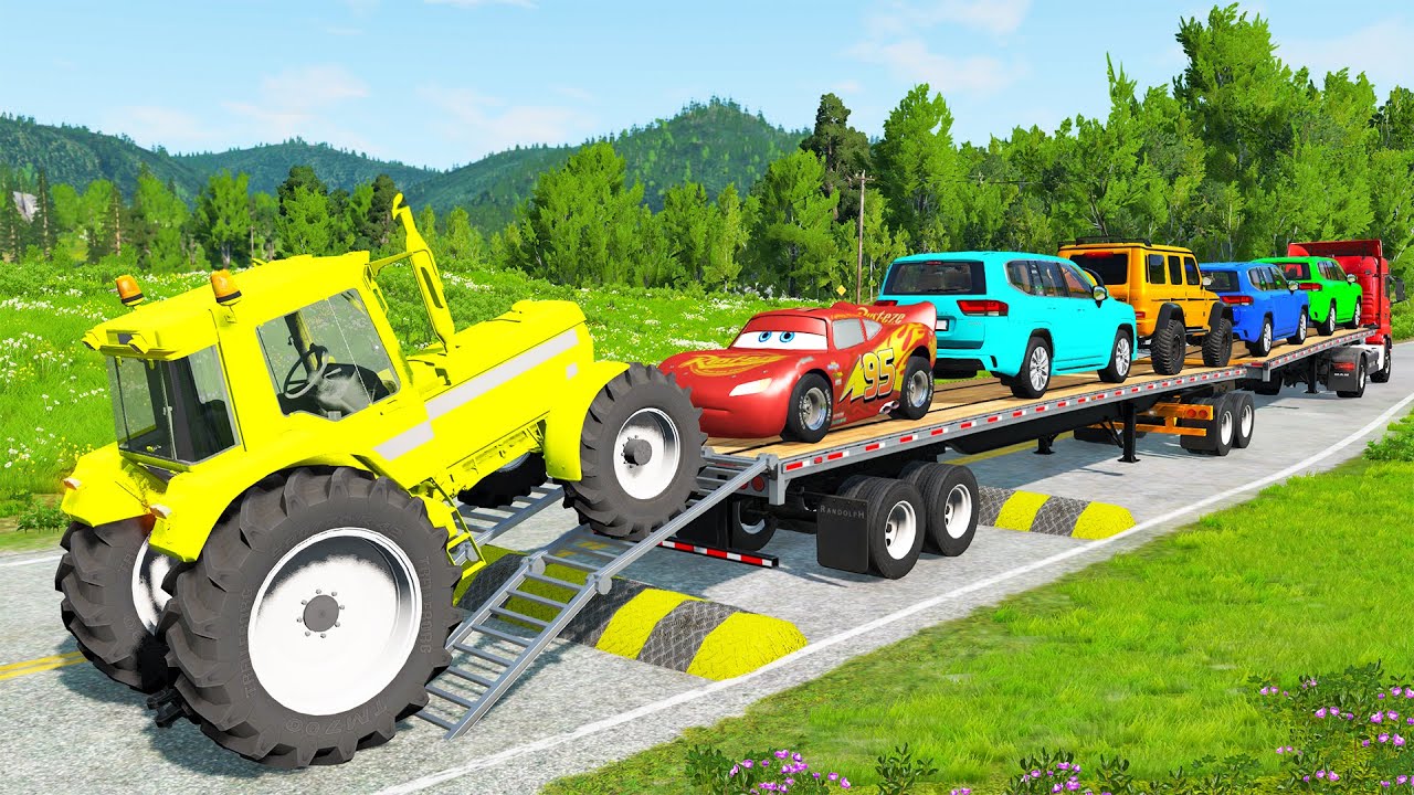 Flatbed Trailer McQueen Transportation with Truck - Speedbumps vs Cars vs Train - BeamNG.Drive #10