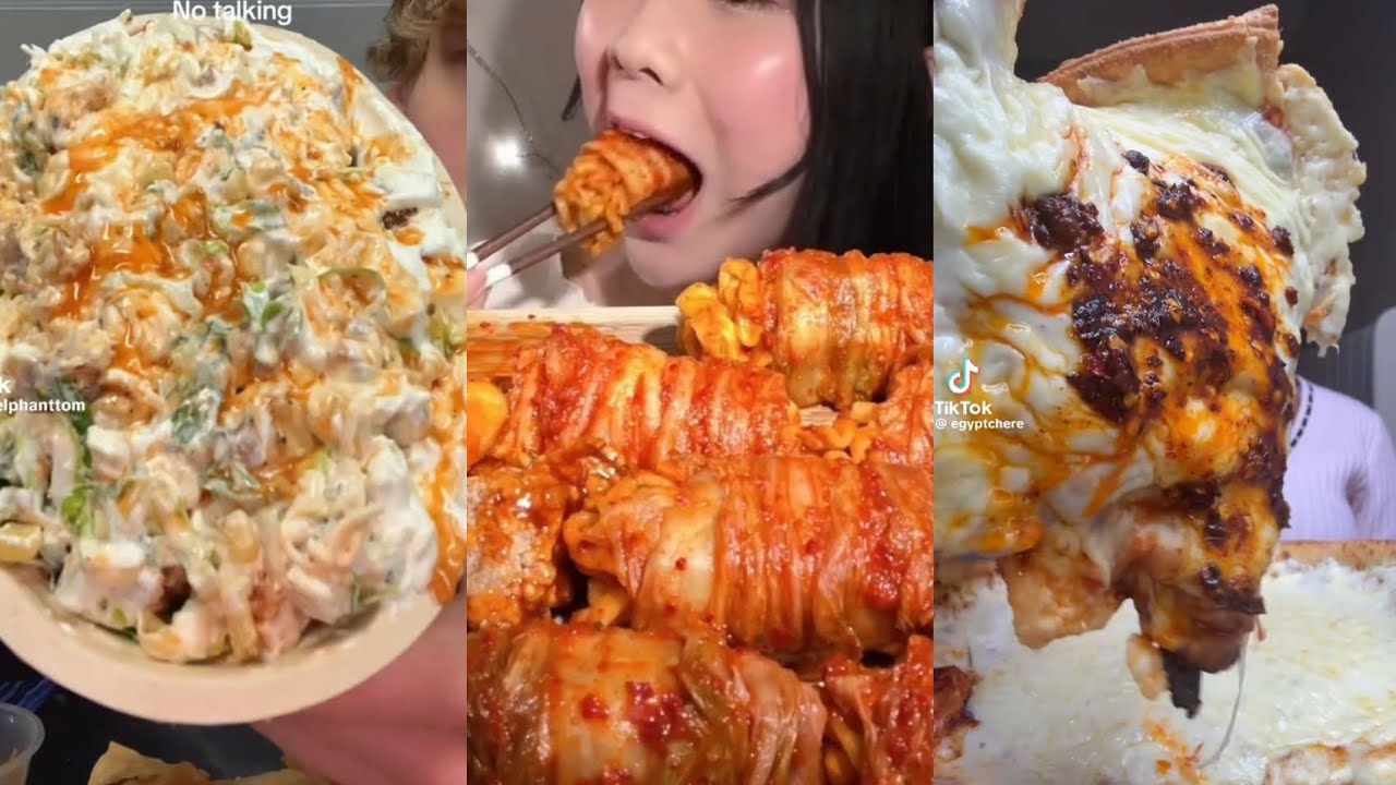 TIKTOK MUKBANG COMPILATION CHEESY PIZA KIMCHI BULDAK RAMEN CHIPOTLE BOWL QUASEDILLA TUNA MELT