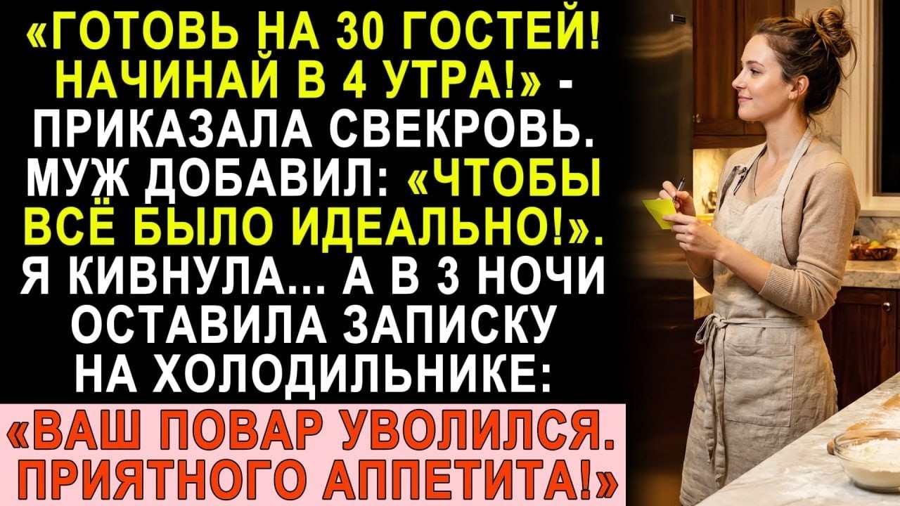 «Готовь на 30 человек!» — приказала свекровь. В 3 ночи я оставила записку: «Повар уволился!»