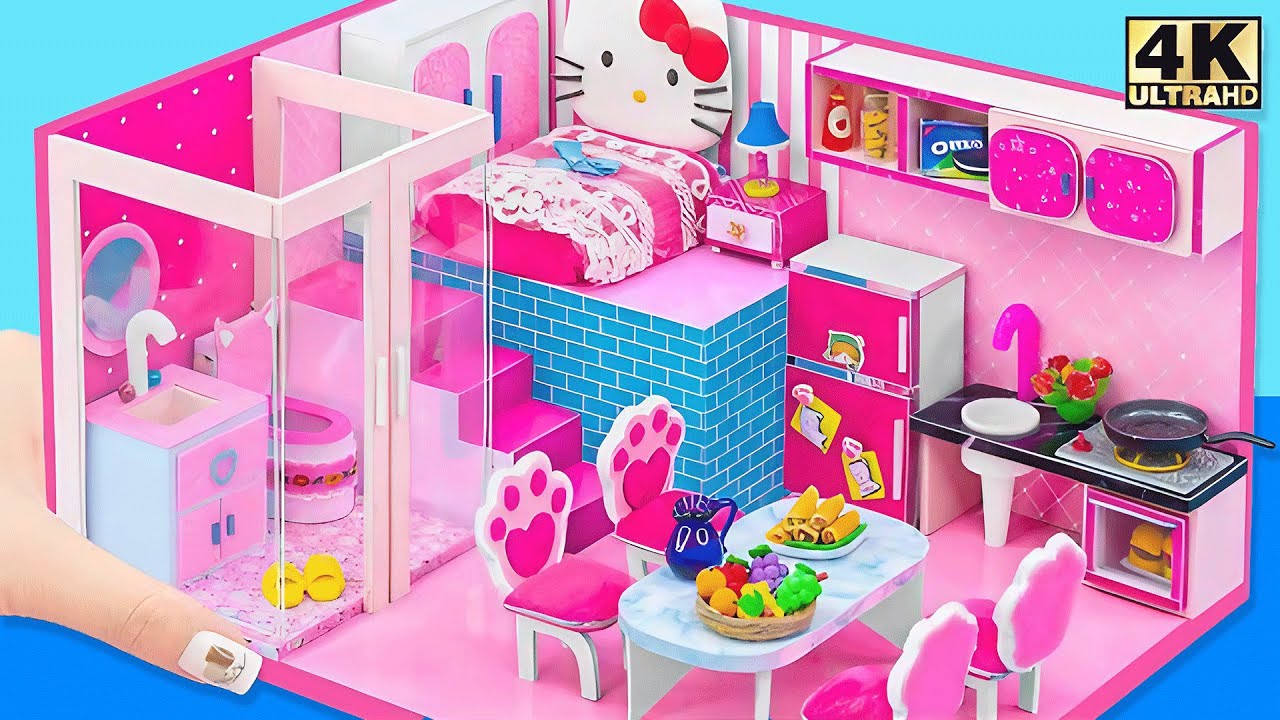 Make a Cardboard Hello Kitty House with Furniture & Food Setup 🧁📦  DIY Miniature House
