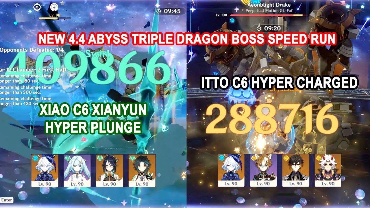 New 4.4 Abyss Triple Dragon - Xiao Xianyun C6 Hyper Plunge & Itto C6 Super Charged Speed Run