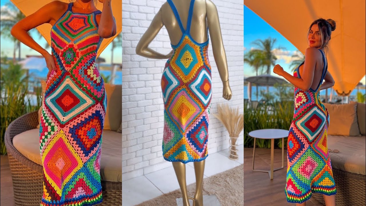 VESTIDO MÍDI LOSANGO COLORIDO DE CROCHÊ PASSO A  PASSO (parte 4)
