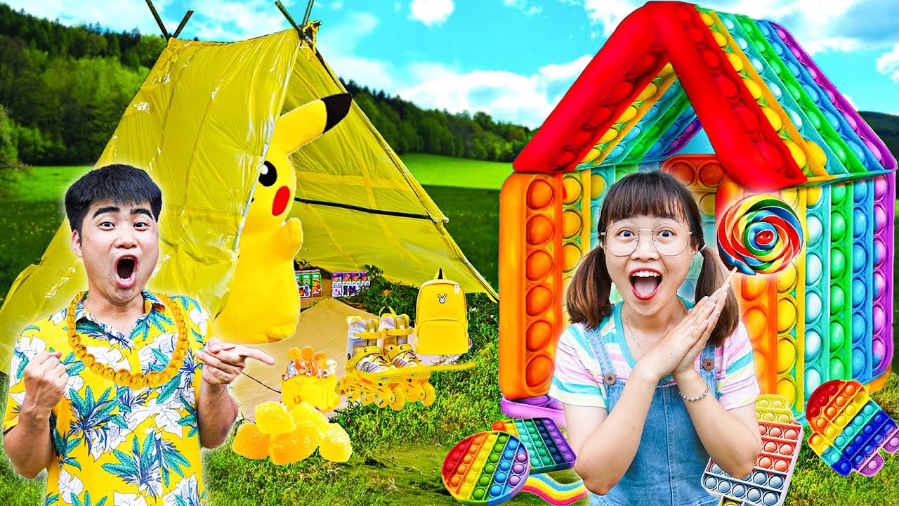 H&agrave; Sam Thử Th&aacute;ch Dựng Lều Cắm Trại Theo M&agrave;u Cầu Vồng Pop It Với M&agrave;u V&agrave;ng Trong Rừng