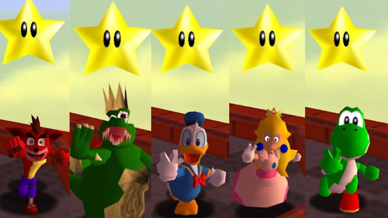 All Characters collecting Stars Animations in Super Mario 64 with Day and Night Cycle