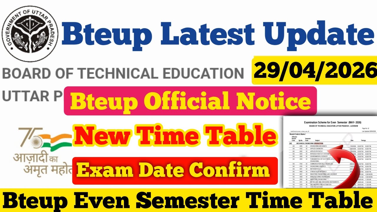 BTEUP New Time Table 2026 🔥 Exam Date Confirm | Even Semester Official Notice
