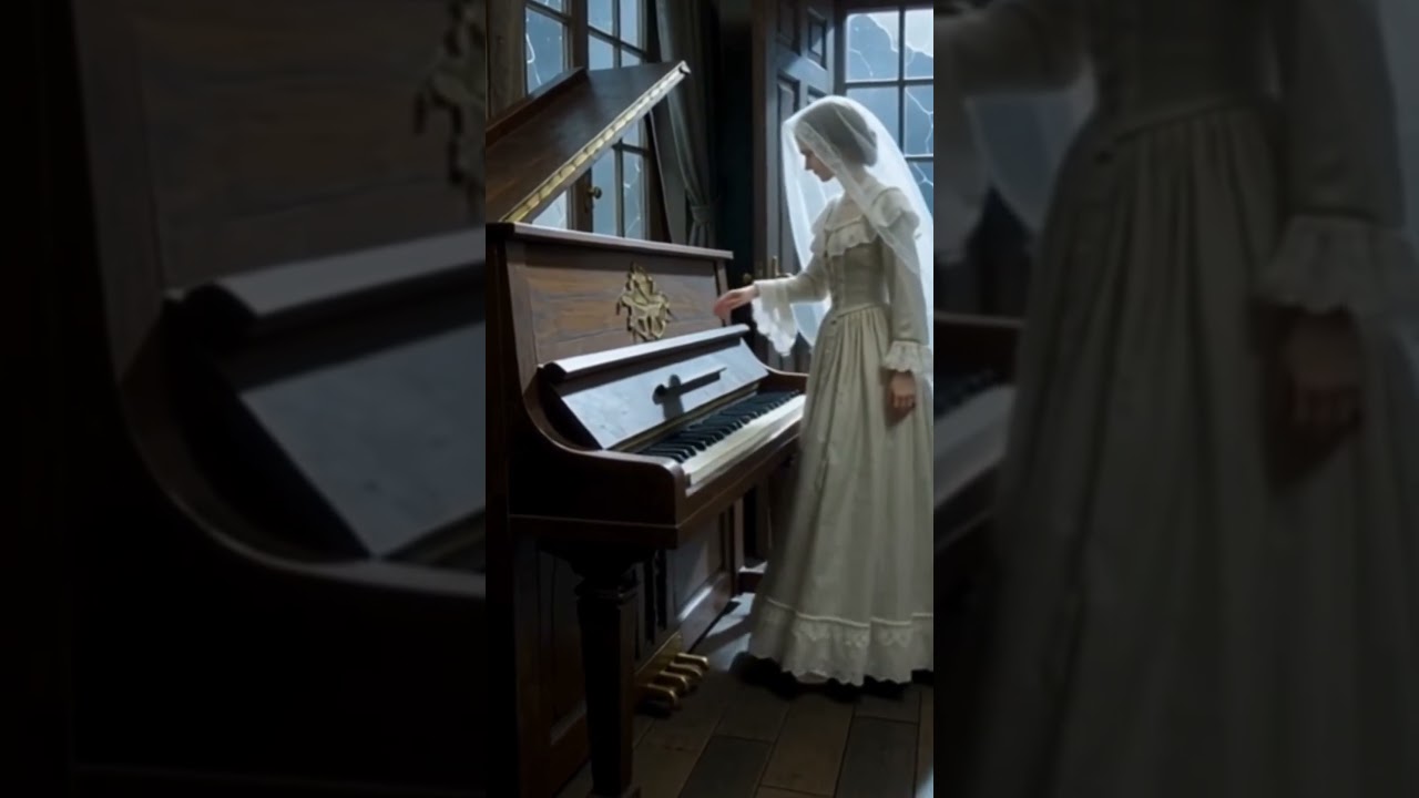 A haunted piano plays as a Victorian ghost slowly approaches