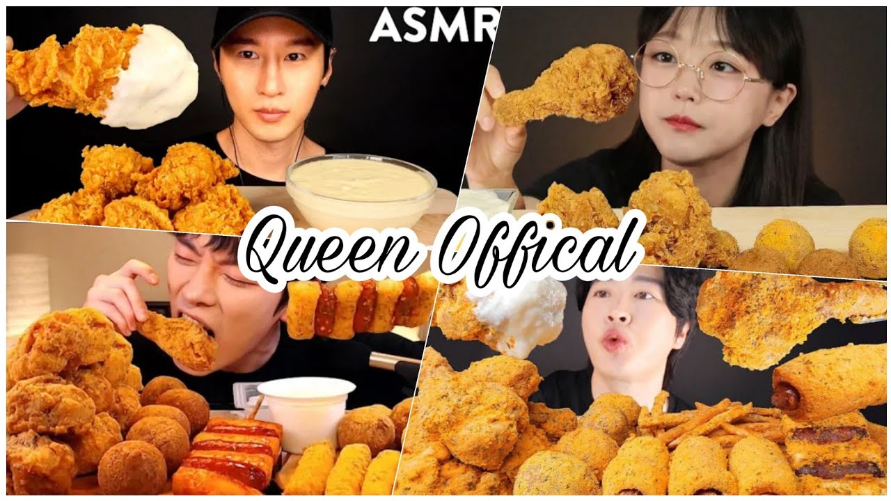 Asmr fried chicken / Mukbang / Ăn gà rán, bánh gạo, phô mai chiên - Queen Officall