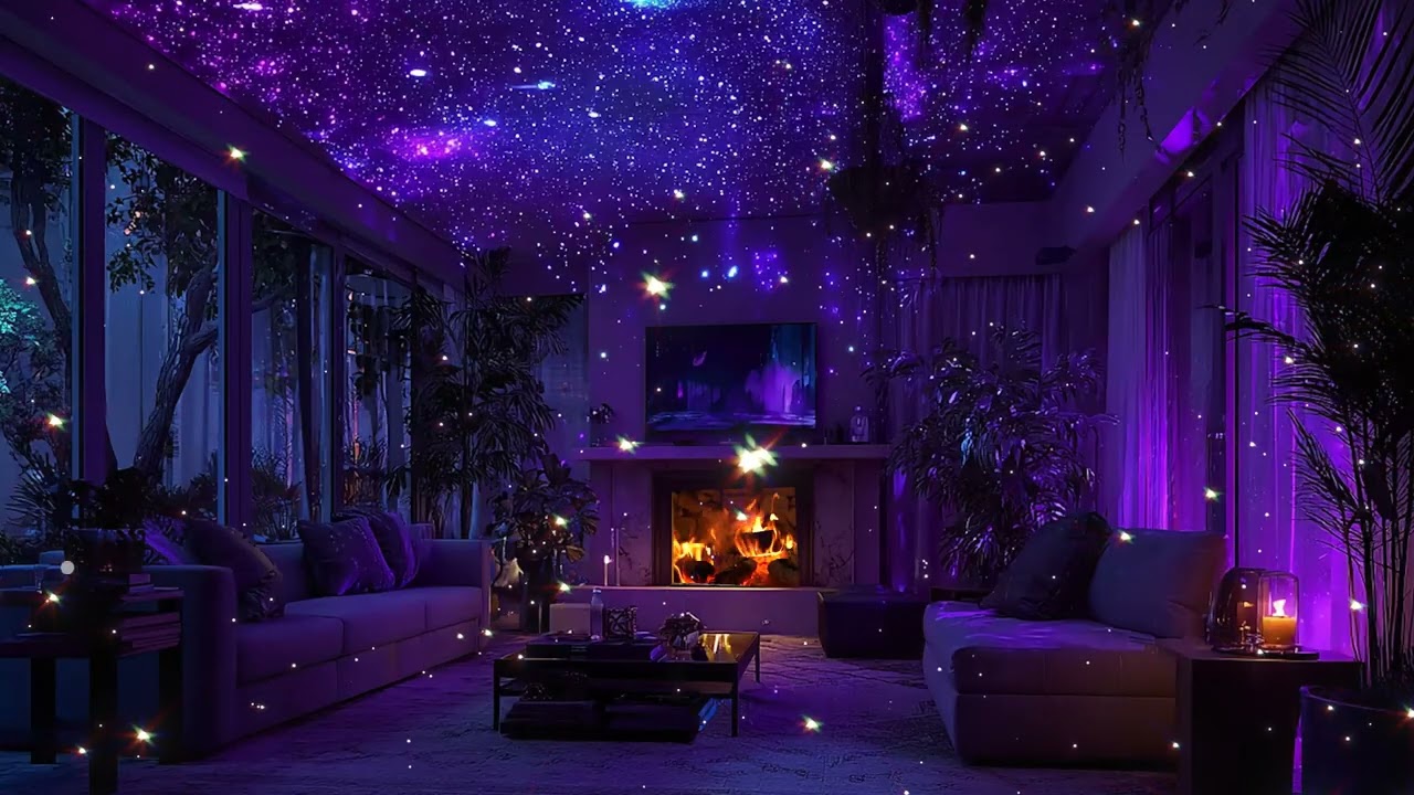 Purple Room Night 💜 Chill Piano & Warm Fireplace Ambience for Focus, Calm & Relaxation
