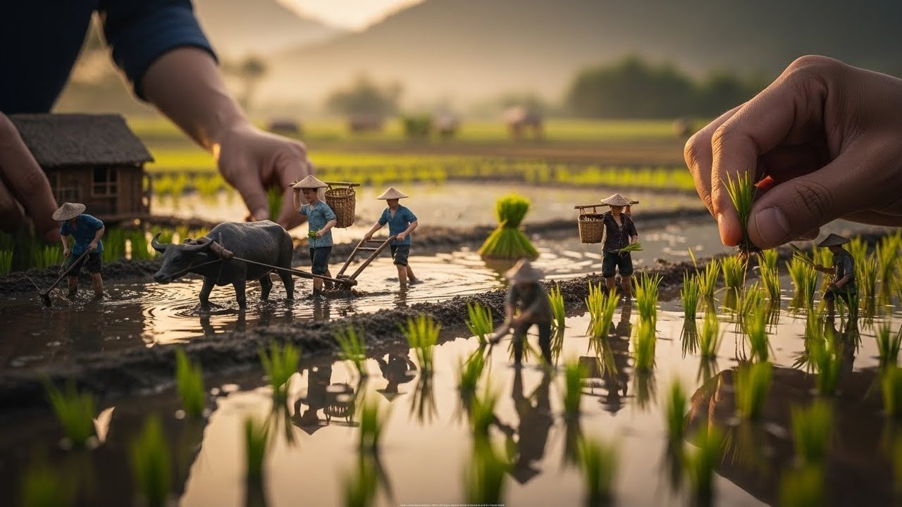 Tiny Clay Farmers & Buffalo 🐃 | Peaceful Miniature Rice Field Scene