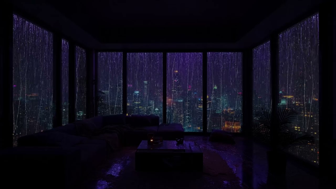 Rainy Night in a Luxury NYC Apartment – Cozy Bedroom, Neon Lights & Relaxing Rain Sounds