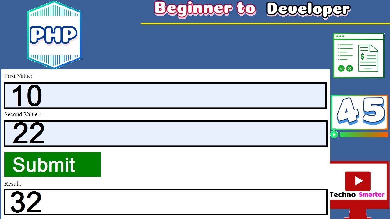 Add two input box numbers and result in the third text box on the same page using PHP - 45