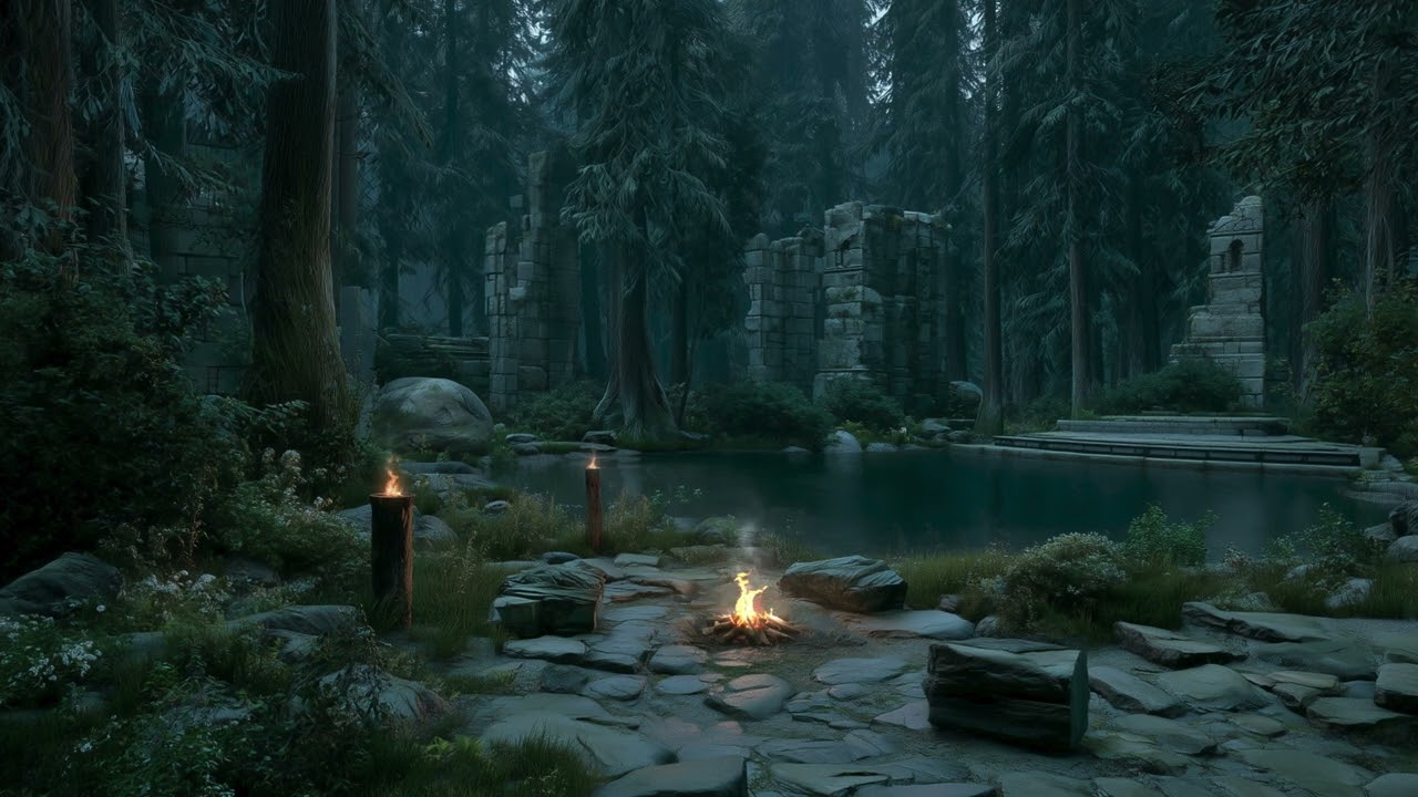 🌲 Relaxing Forgotten Forest Ruins | Campfire, Torches & Distant Piano | 4K | 9h