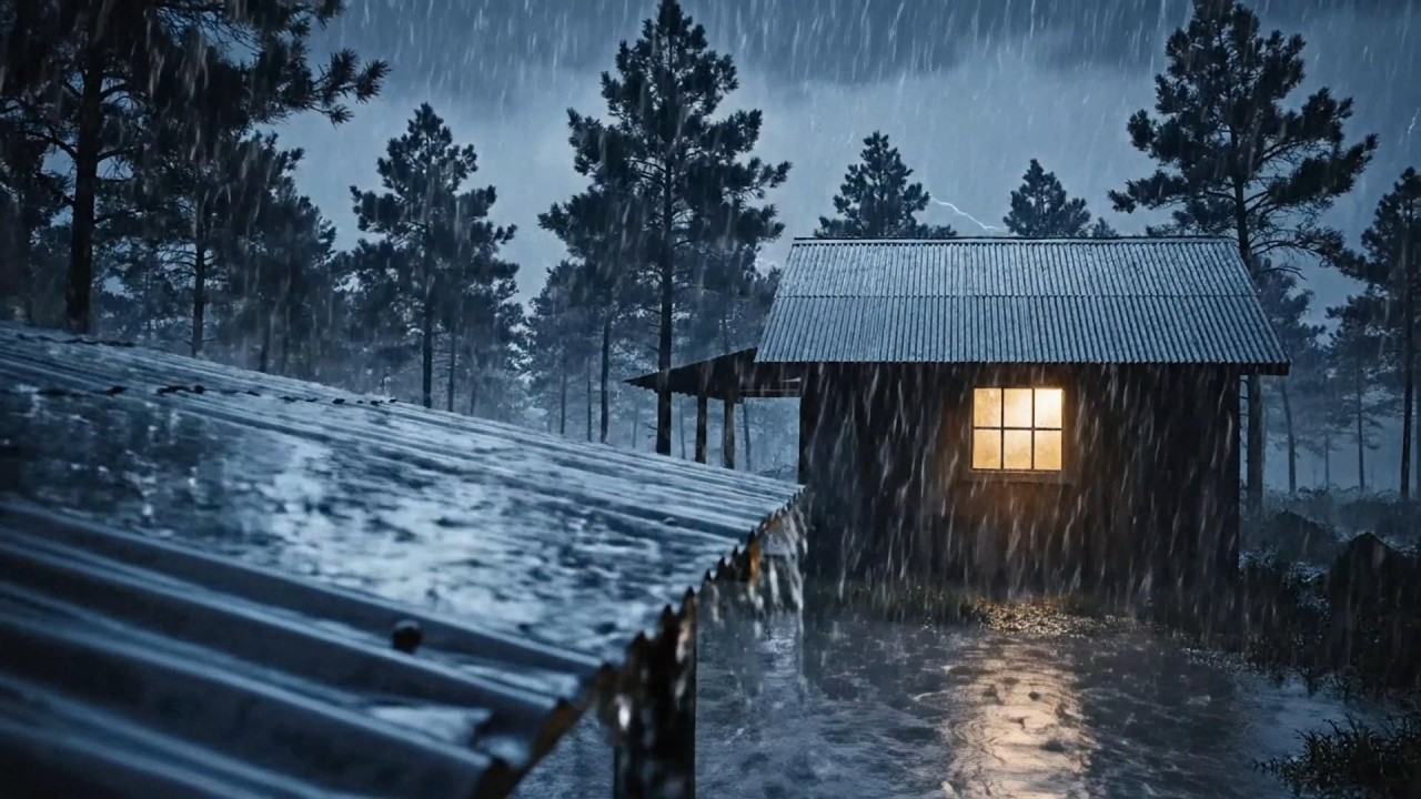 Forest Cabin Getting Soaked – Heavy Rain & Thunderstorm (4 Hours)
