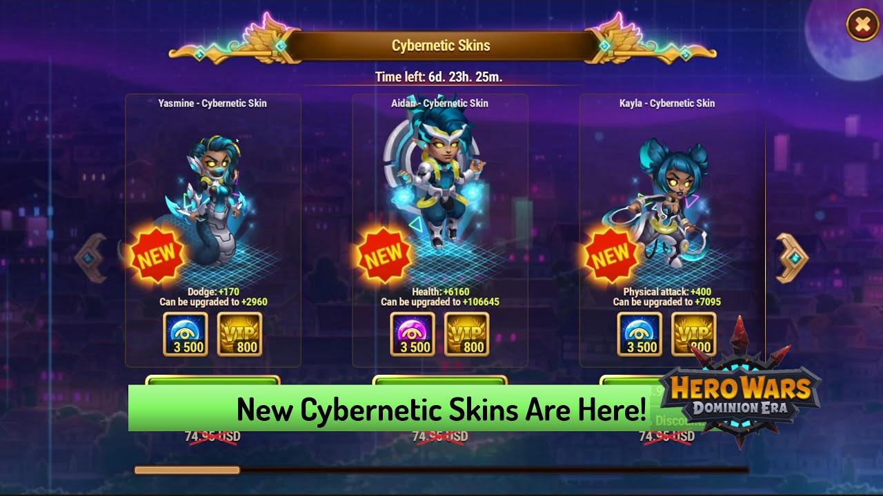 New Cybernetic Skins for Yasmine, Aiden and Kayla &mdash; Hero Wars Dominion Era