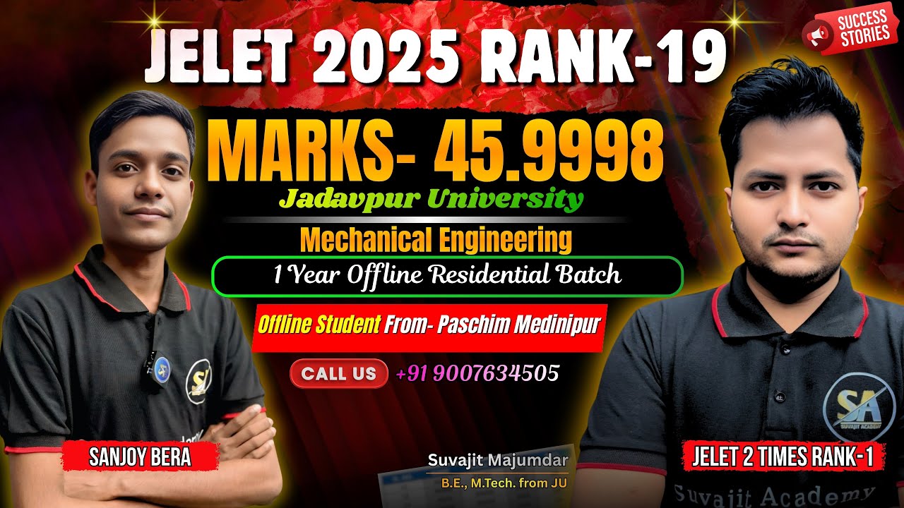 JELET 2025 Exam Rank 19 Marks 45.9998 |  Sanjoy Bera Offline Batch Student Jelet Rank Success Story