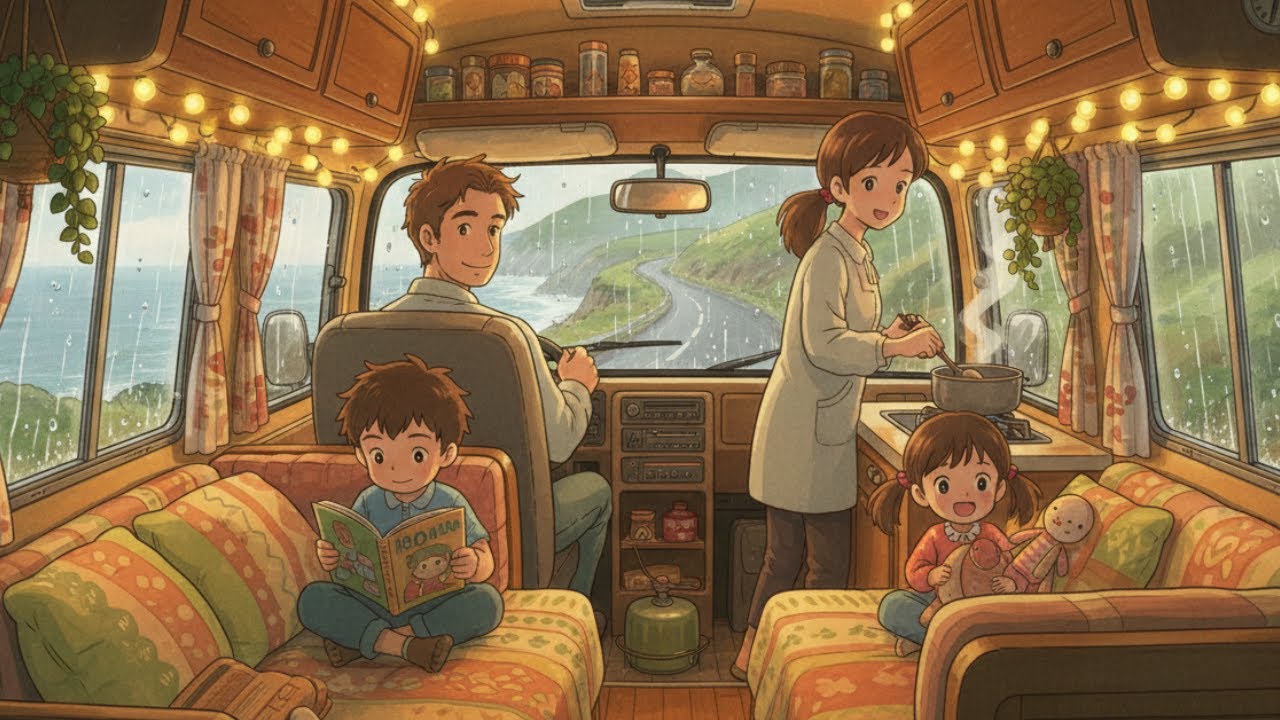 A Family Road Trip in the Rain | Cozy Ghibli-Style Mobile Home Journey