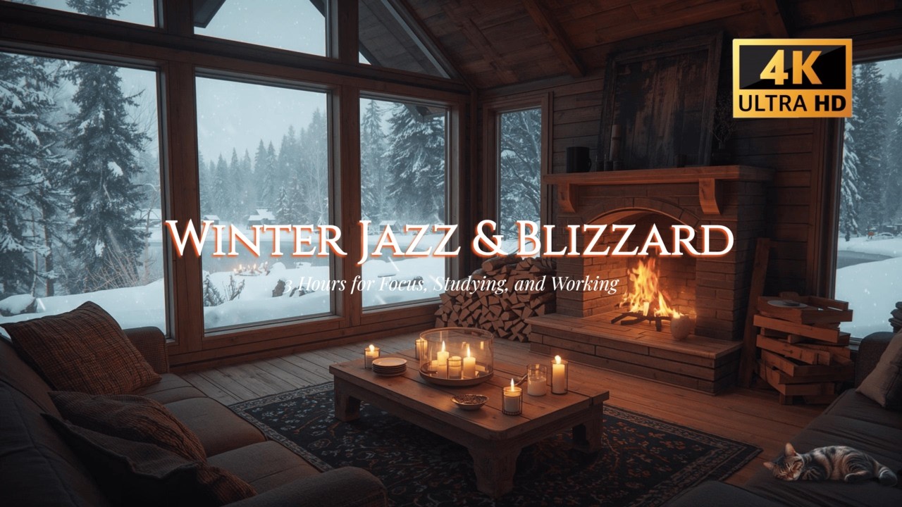 Snowy Night in a Cozy Cabin 🌨️ Relaxing Winter Jazz & Crackling Fireplace ASMR (3 Hours)
