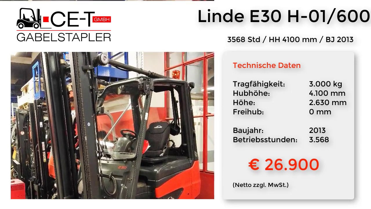 Linde E30 H-01/600// 3568 Std / HH 4100 mm, BJ 2013, Elektro 4 Rad, Frontstapler, Gabelstapler