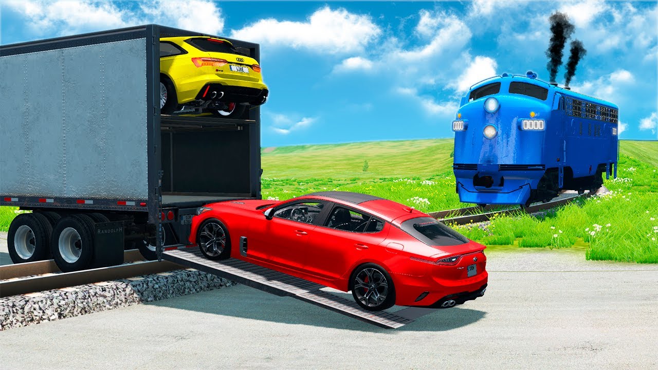 Double Trailer Transporter Truck Car Rescue – Cars vs Trains and Rails in BeamNG.Drive