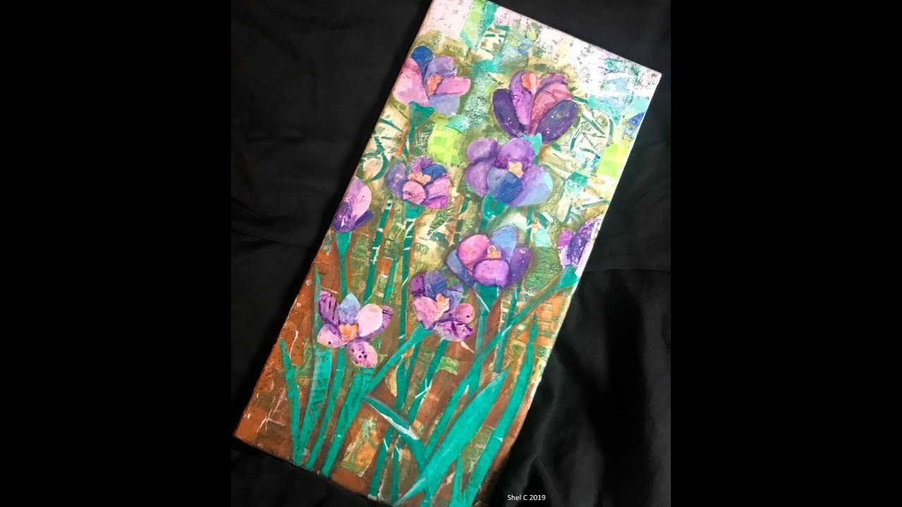 Mixed Media Canvas - Paper Painting Collage Crocus Flowers