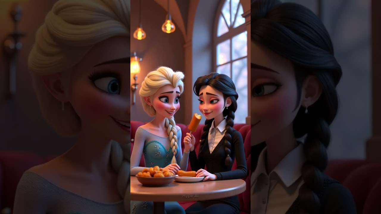 Elsa Shares Food with Wednesday #frozen #wednesday #elsa  #frozen2  #wednesday2 #ai  #asmr #disney