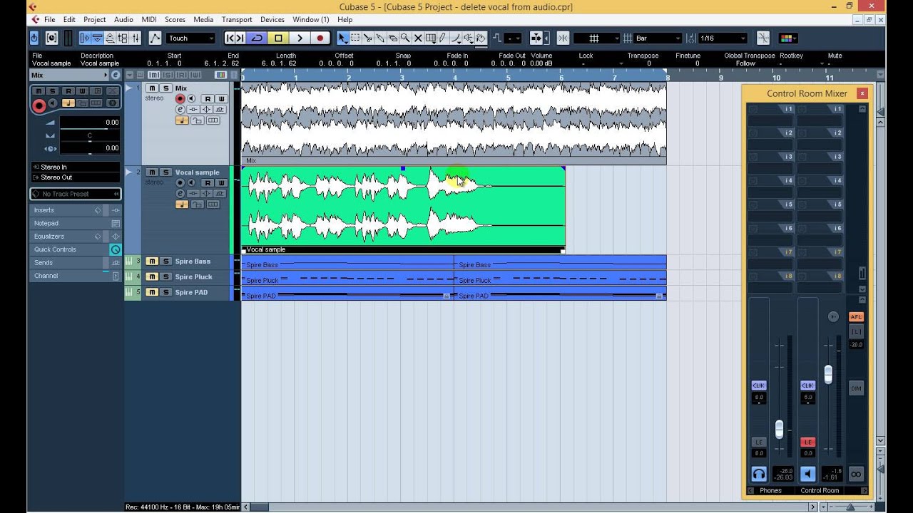 Как удалить вокал из трека, если имеется оригинал акапеллы (Cubase 5)