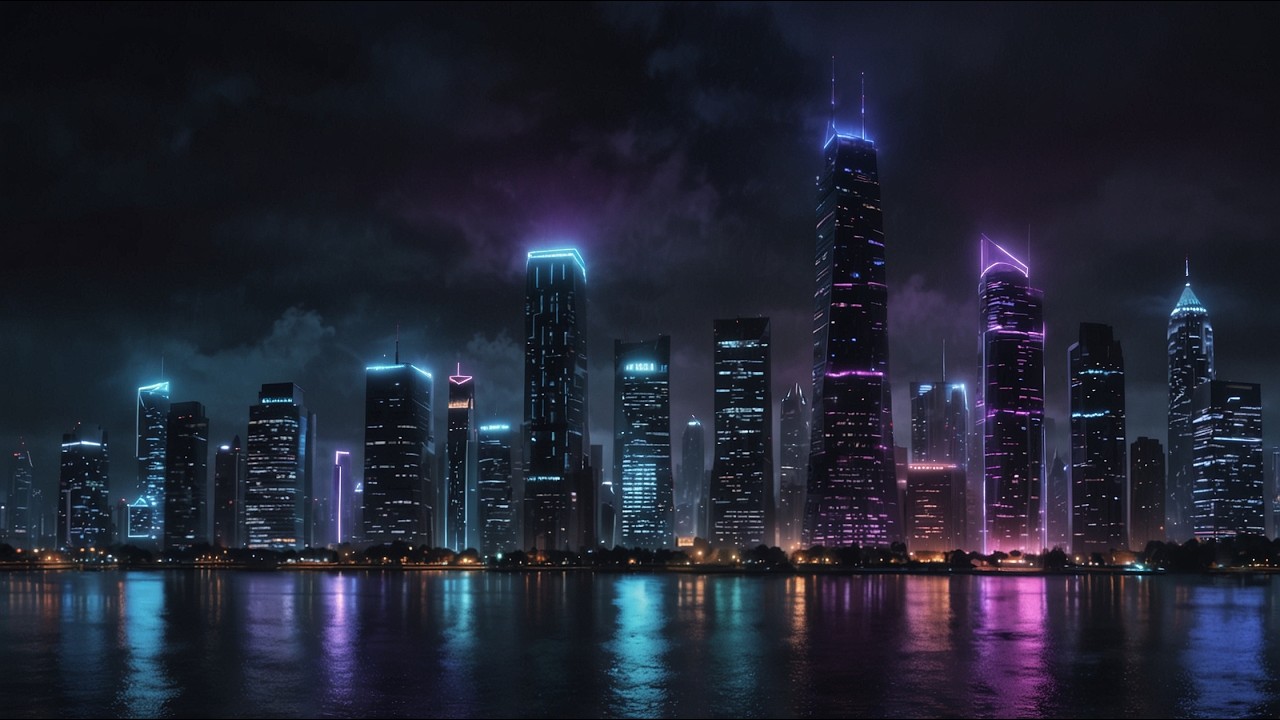 Rainy City Night Ambience - Neon Skyline Reflections & Distant Thunder for Sleep & Relaxation