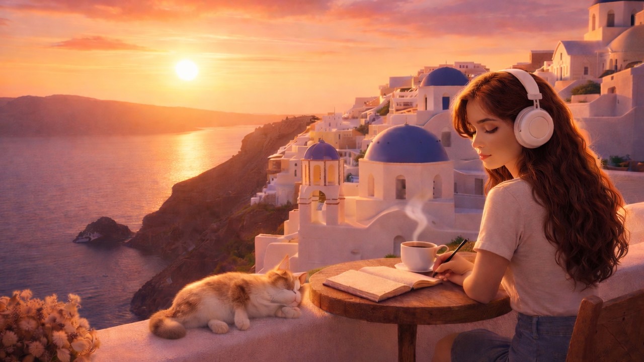 Santorini 🌅 Golden Hour to Night | Lofi Café Ambience