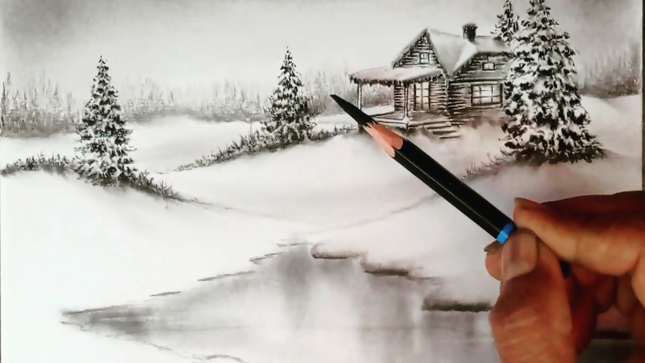 Easy pencil drawing of winter season landscape scenery with easy ways .